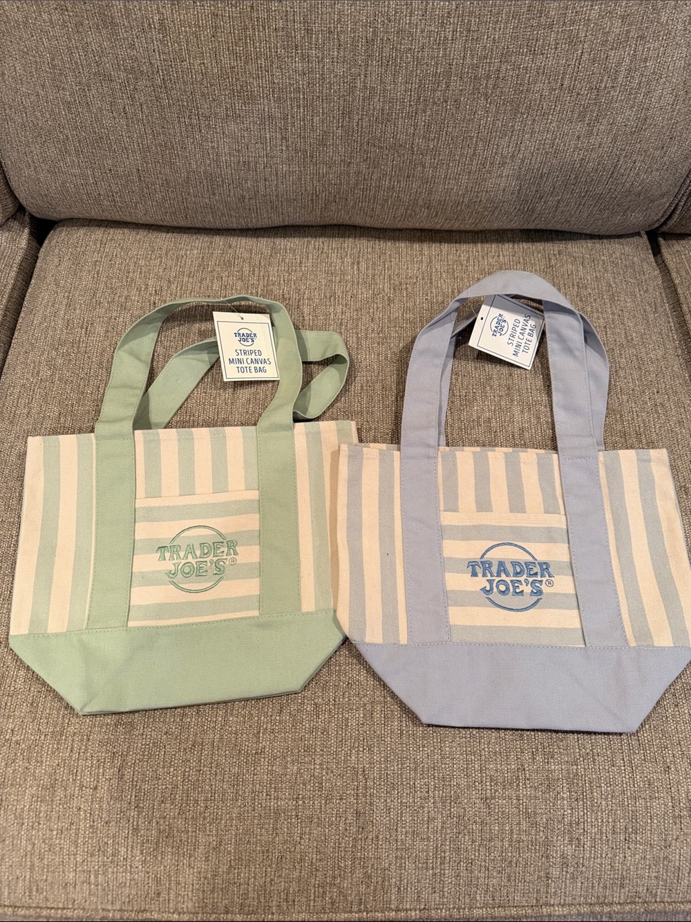 Trader Joe’s summer striped mini canvas totes- 1 blue and 1 green tote